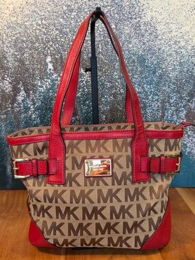 Michael Michael Kors Vintage Y2K Monogram Canvas Tan/Brown/Red Canvas & Leather